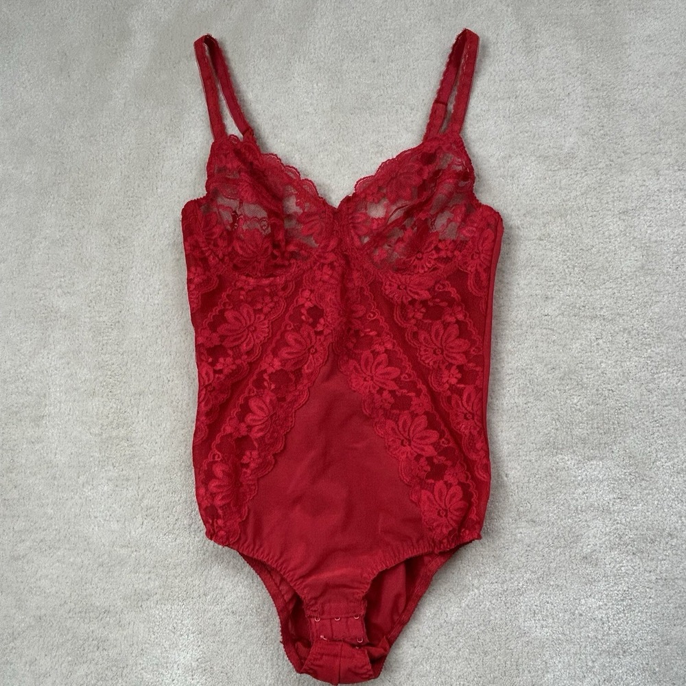 VTG 70s Dolores Poirette Red Lace Teddy Lingerie Bodysuit ILGWU Bustier Sz 34